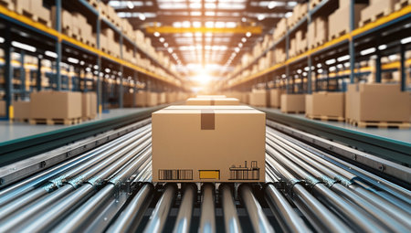 Cardboard box on conveyor belt in warehouse