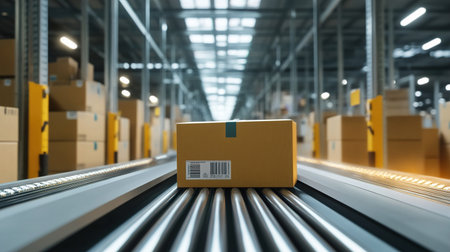 Single cardboard box on conveyor belt in warehouseの写真素材