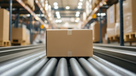 Cardboard box on conveyor belt in warehouseの写真素材
