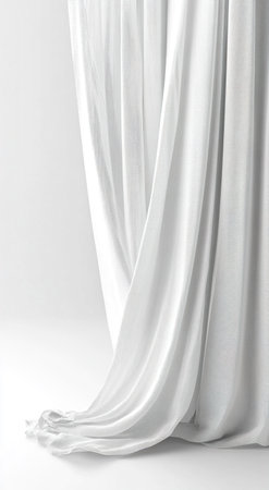 Elegant white sheer curtains draped on white backgroundの写真素材