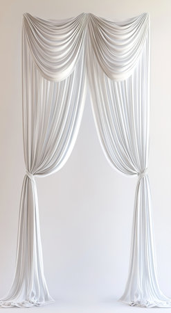 Elegant white draped curtains on white backgroundの写真素材