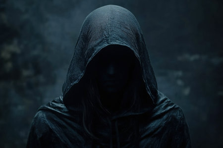 Mysterious hooded figure in dark atmospheric settingの写真素材