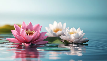 Serene pink and white water lilies floating on calm waterの写真素材