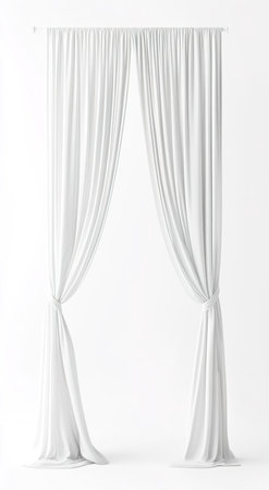 Elegant white curtains draped on rod against white backgroundの写真素材