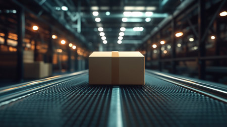 Single cardboard box on conveyor belt in warehouseの写真素材