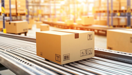 Cardboard box on conveyor belt in warehouseの写真素材