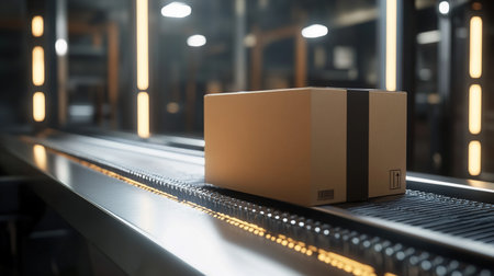 Cardboard box on modern conveyor belt in warehouseの写真素材