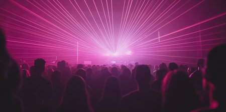 Crowd at concert with pink laser lightsの写真素材
