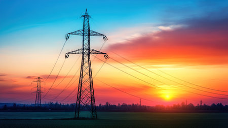 High voltage power lines at sunset landscapeの写真素材