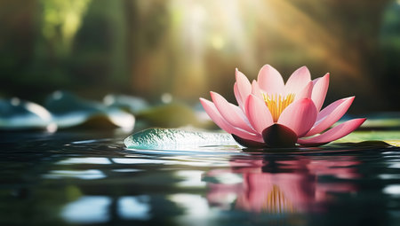 Pink water lily blooming in calm pond sunlightの写真素材