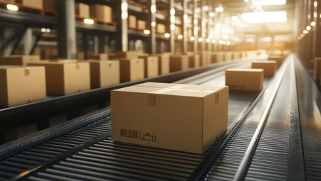 Cardboard boxes on conveyor belt in warehouseの写真素材
