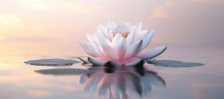 Serene pink and white water lily at sunsetの写真素材