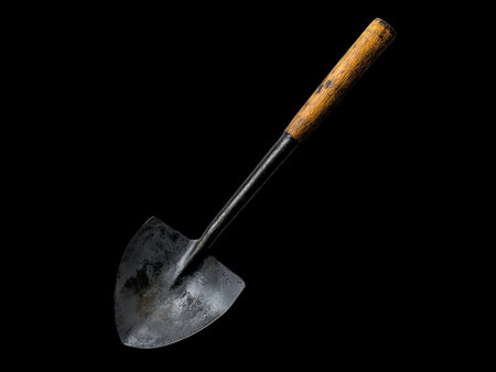 Garden shovel isolated on black background with clipping path. Top view.の写真素材