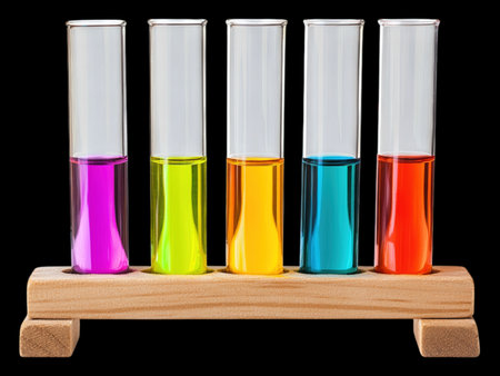 laboratory glassware with colorful liquid isolated on black background.の写真素材