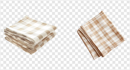 Set of beige checkered tablecloths folded on a transparent background, top view, png, cutoutの写真素材