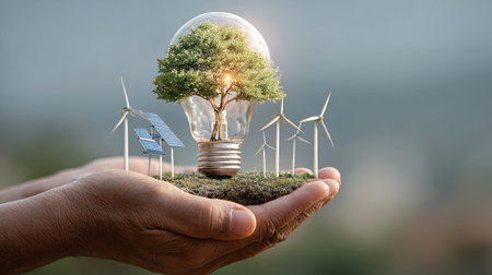 Eco energy concept with light bulb and wind turbines in the hand