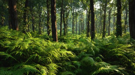 Morning in the forest with ferns and sunlight shining through the trees