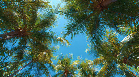 Coconut palm tree on blue sky background. Summer concept.