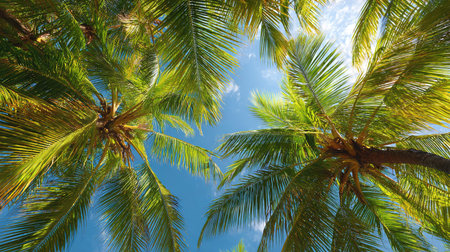 Coconut palm tree on blue sky background. Nature background.