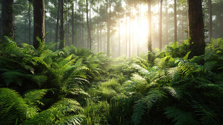 Morning in the forest with ferns and sunbeams.の写真素材