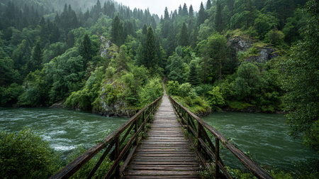 Wooden bridge over the mountain river in the foggy forest.