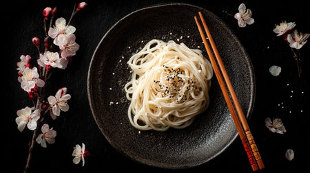 Japanese udon noodles with sesame seeds and cherry blossoms on black backgroundの写真素材