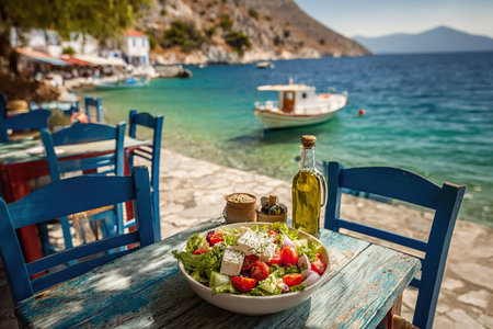 Greek salad with feta cheese and fresh vegetables on a wooden table on the background of the seaの写真素材
