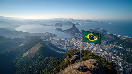 Brazil flag waving on top of a mountain in Rio de Janeiro, Brazilの写真素材