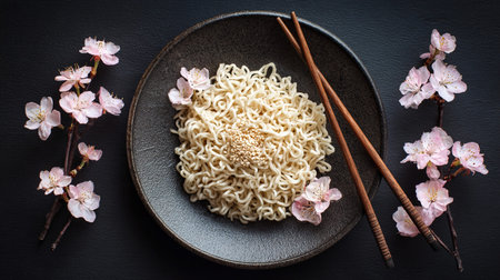 Instant noodles with sakura blossom on black background, top view