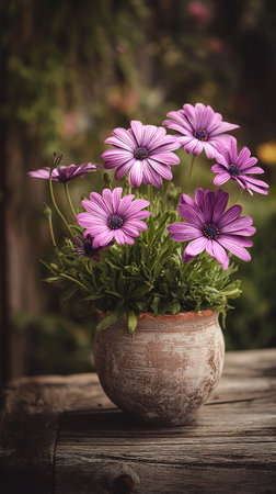 Beautiful purple daisies in a pot on a wooden tableの写真素材