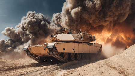 Heavy military vehicle moving in a dust storm. 3D Rendering