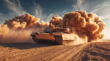 Heavy tank in the desert. 3D illustration. Vintage style.の写真素材