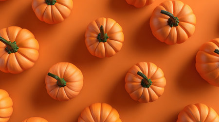 Creative pattern made of pumpkins on orange background. Flat lay, top view minimal Halloween concept.の写真素材