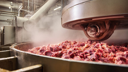 Meat processing in a meat factory. Meat processing plant. Food industry.