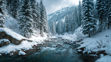 Beautiful winter landscape with a mountain river in the Carpathians