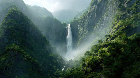 Mountain landscape with a waterfall in the middle of the forest.