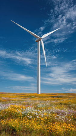 Wind turbines in a field of blooming camomiles and wildflowers