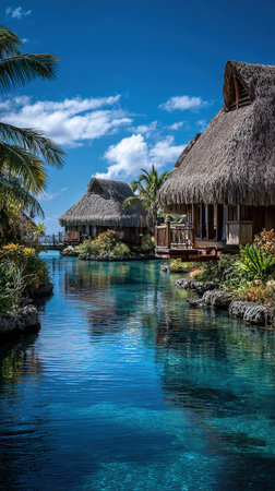 Tropical bungalows in the lagoon of Bora Bora, French Polynesiaの写真素材