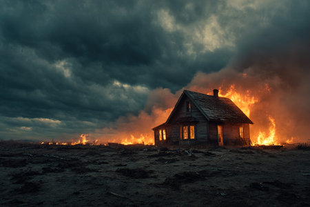 Burning house in the middle of the field. Fire in the village.
