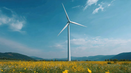 Wind turbine in the middle of a meadow with yellow flowers.
