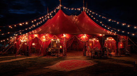 Wedding tent with red lights at night in the countryside.