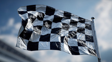Checkered flag waving in the wind against a cloudy sky.