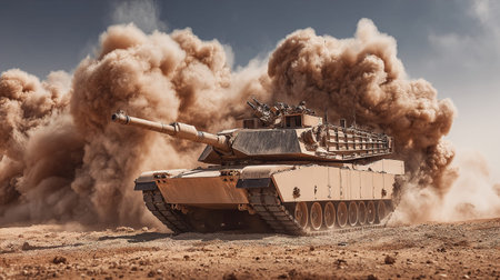 Heavy tank with smoke and dust on the ground. 3d illustrationの写真素材