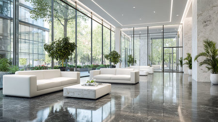 Modern living room with white sofas and plants. 3d rendering