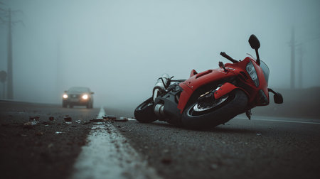 Motorcycle accident on the road in a foggy day. Selective focus
