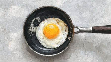 Fried egg in a frying pan on a gray background. Illustration