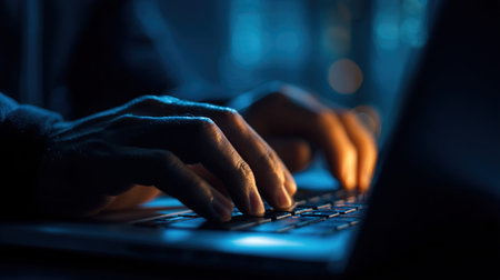 Close up of male hands typing on laptop keyboard in dark room.