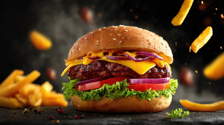 Delicious cheeseburger with flying ingredients on dark background, closeupの写真素材
