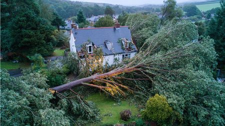 Aerial view of a tree that fell on a house in the countrysideの写真素材