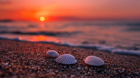 Sea shells on the seashore at sunset. Selective focus.